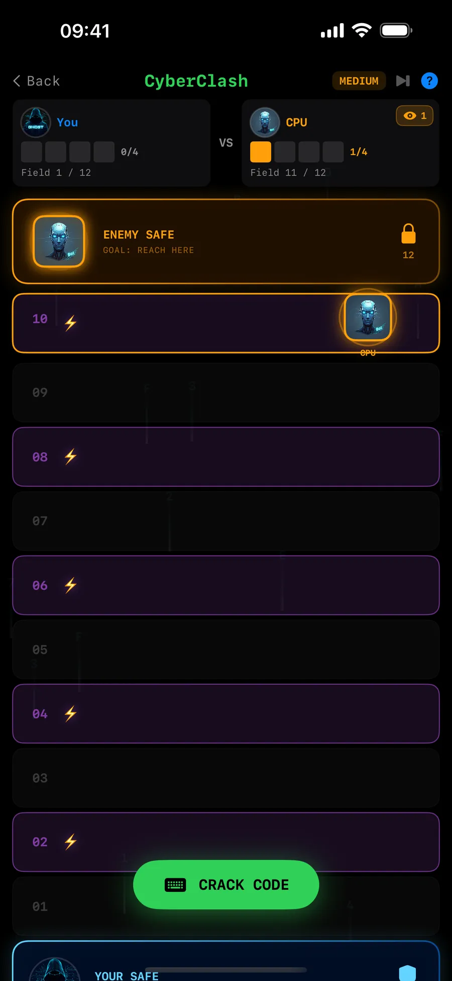CyberClash: the board with ten fields between your safe and the enemy safe, with the "Crack code" button at the bottom.