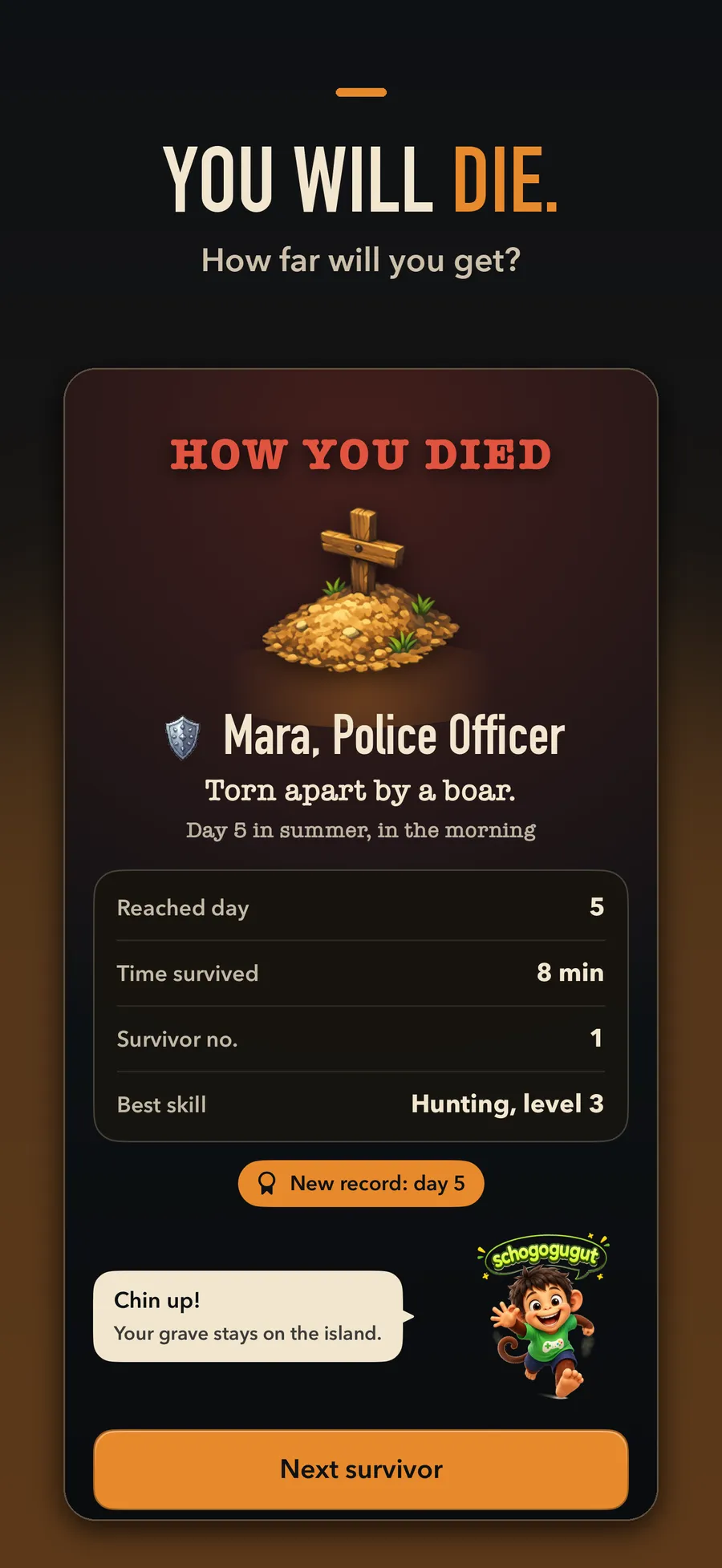 Castout: the "How You Died" recap shows the cause of death, the day and a new record. Caption: You will die.