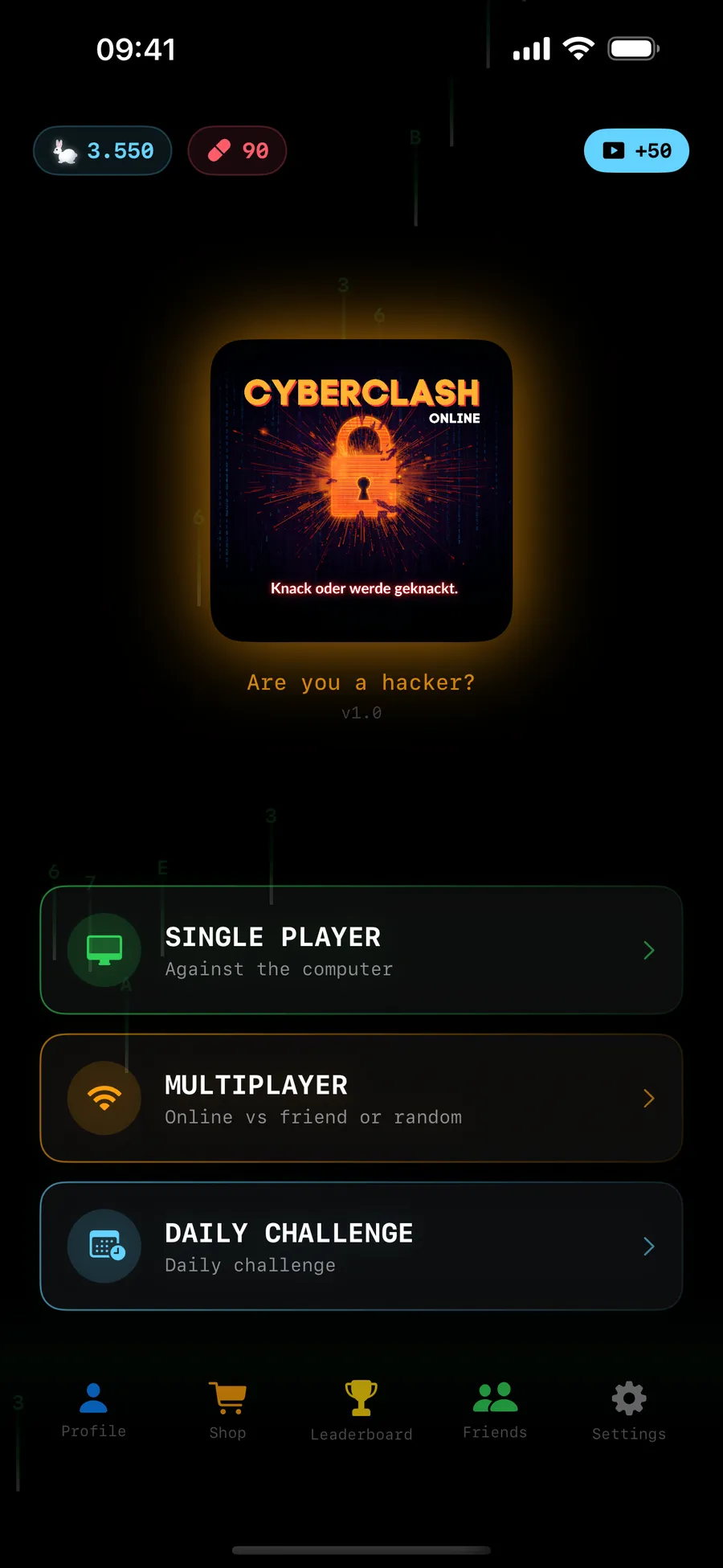 CyberClash: main menu with the modes Single player, Multiplayer and Daily challenge.