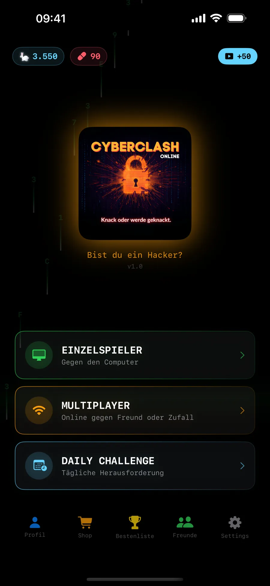 CyberClash: Hauptmenü mit den Modi Einzelspieler, Multiplayer und Daily Challenge.
