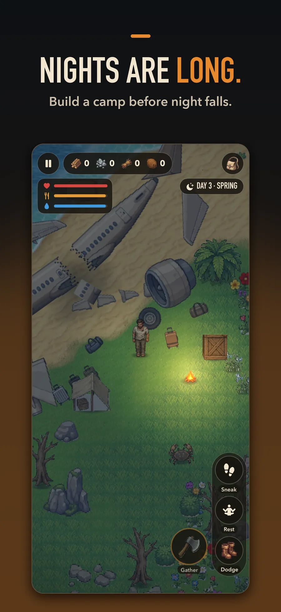 Castout: a camp at night with a campfire, a tent and a chest. Caption: Nights are long.