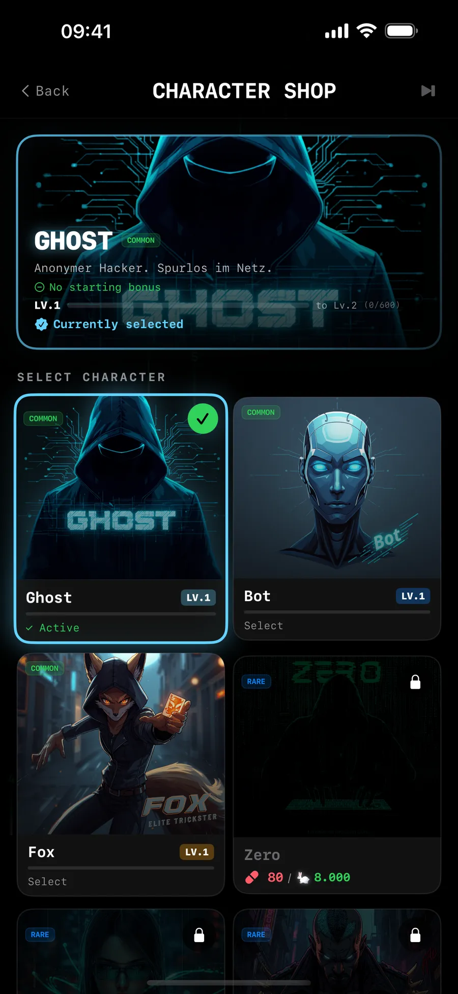 CyberClash: character shop with the hackers Ghost, Bot, Fox and Zero.
