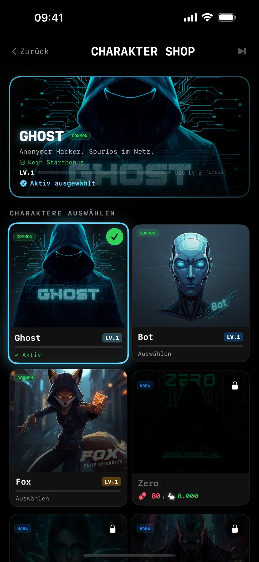 CyberClash: Charakter-Shop mit den Hackern Ghost, Bot, Fox und Zero.