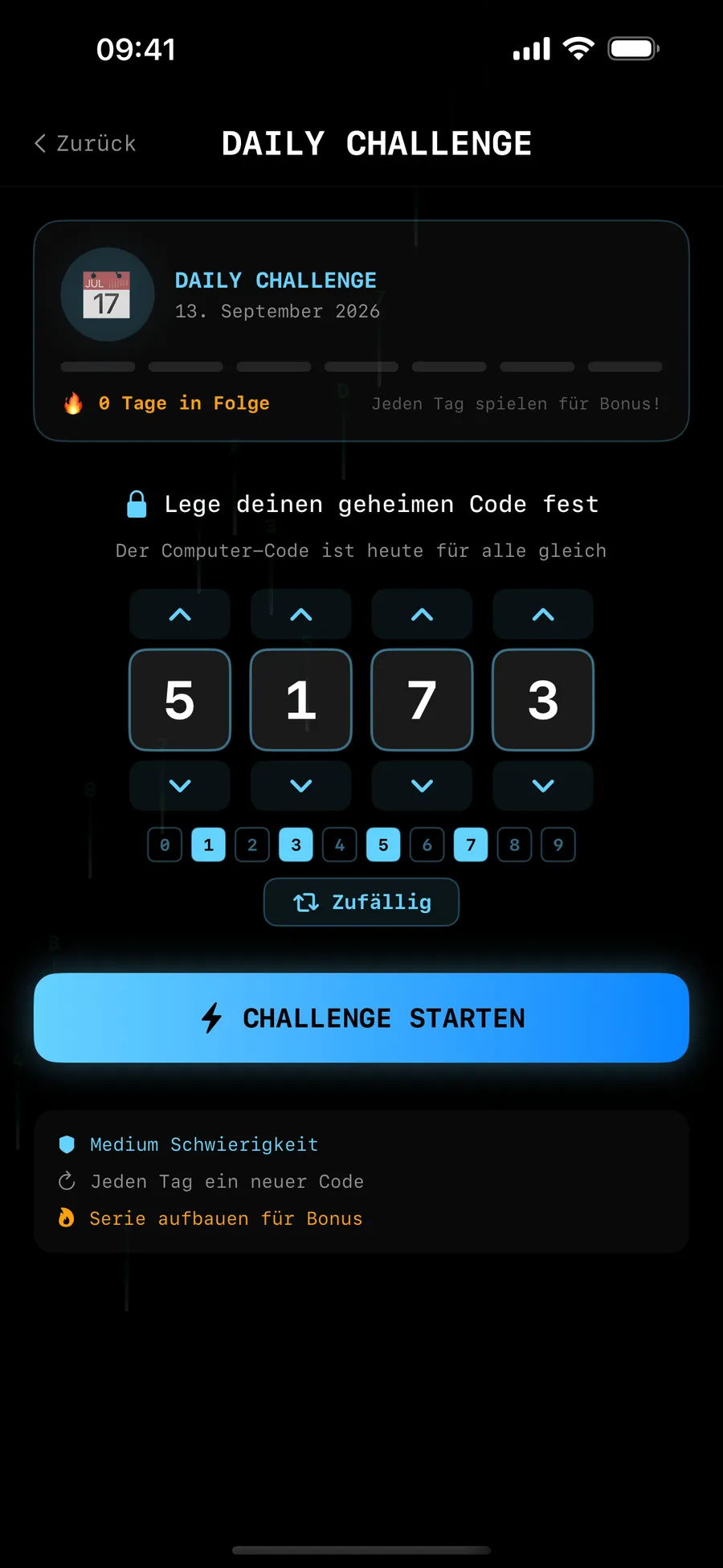 CyberClash: Daily Challenge. Du legst deinen geheimen Code fest, der Computer-Code ist heute für alle gleich.