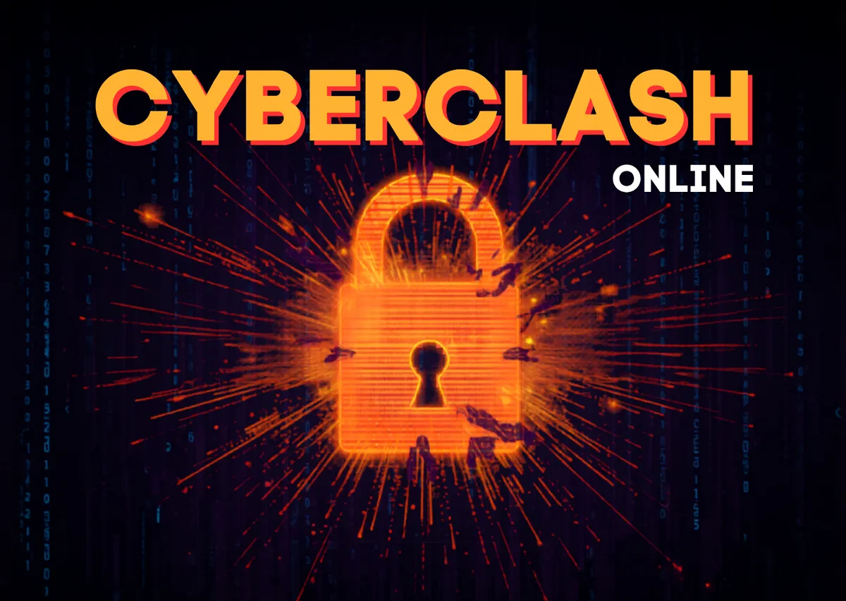 CyberClash Online: Schriftzug über einem orange leuchtenden Vorhängeschloss, dahinter Matrix-Zeichen